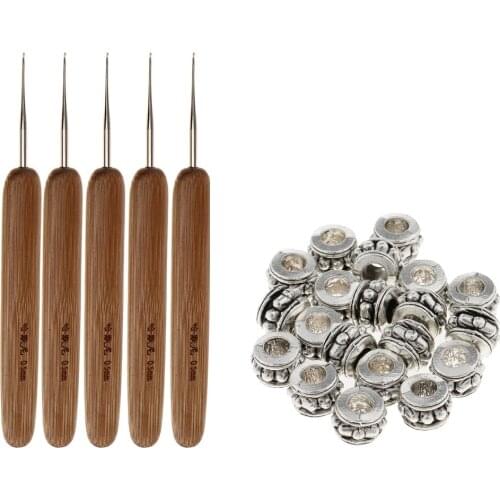 5Pcs Bamboo Hair Weaving Crochet Hooks 0.5mm + 20pcs Hair Dreadlocks Beads