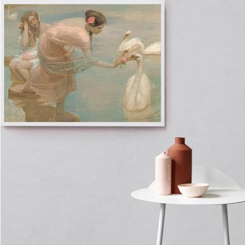 Abstract Antique Beautiful Woman Oil Painting Shabby Wall Art Canvas Print Lovely Ladies and Swans Poster Living Room Home Decor