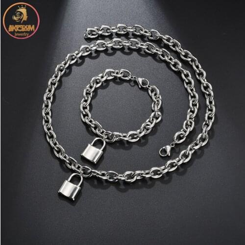 Akizoom Fashion Lock Pendant Necklaces Bracelet Stainless Steel Jewelry Sets For Women Men Punk Choker Padlock Party Gift