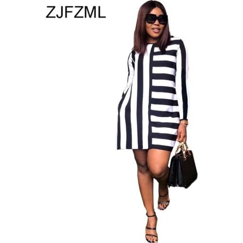 Black White Stripes Plus Size T Shirt Dress Women Round Neck Long Sleeve Mini Causal Dress Autumn 2021 Loose Short Dress Vestido