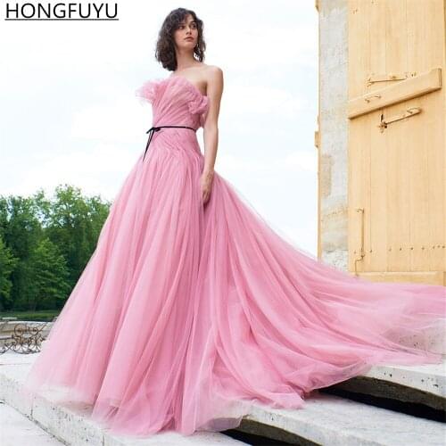 HONGFUYU Pink Tulle Evening Dresses Long Draped Formal Party Ball Gowns Custom Made robes de soirée Longo Prom Dress with Sash