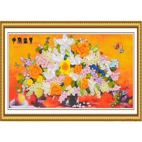 42x70cm Rich flower Ribbon embroidery kit stain painting set handcraft kit DIY handmade needlework art home decor