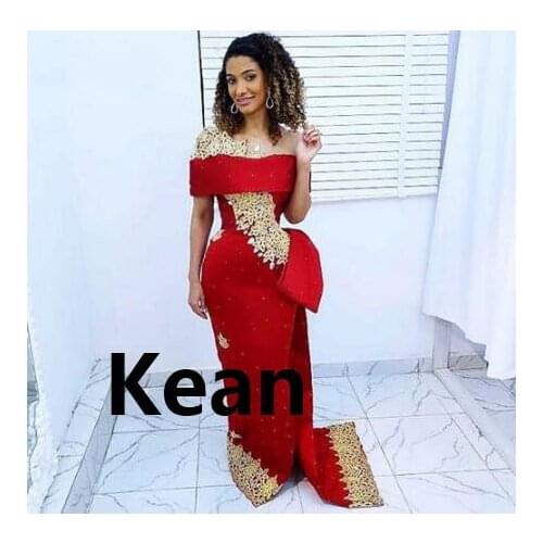 Red Off The Shoulder Evening Dresses Gold Appliques Beads Islamic Dubai Kaftan Saudi Arabic Evening Gown Prom Dress
