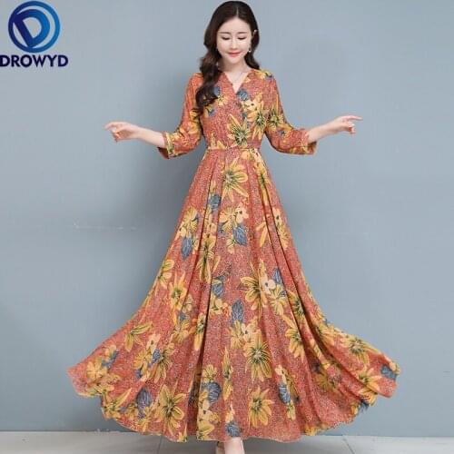 Summer Floral Print Maxi Dress for Women Casual Long Sleeve O-neck High Waist Plus Size Ladies Elegant Party Long Dress Vestidos