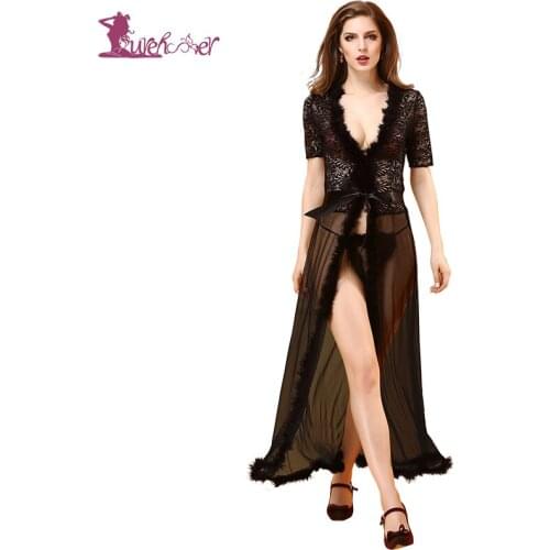Lurehooker 2017 Sexy Lingerie Perspective Hollow Out Long Sleep Dress Sexy Lace Feathers Sleepwear+T-thongs Erotic Underwear