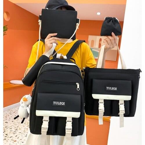 5-piece Fashion Womens Backpack Contrast Color School Bag For Girls Large Capacity Backpacks With Many Pockets Travel Backbags