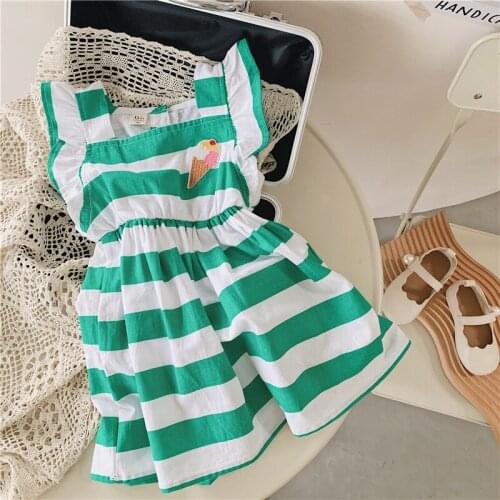 New Kids Clothes Girls Summer Dress 2021 Toddler Green Striped Cotton And Linen Princess Dress Children Dresses Vestidos 18M-7Y