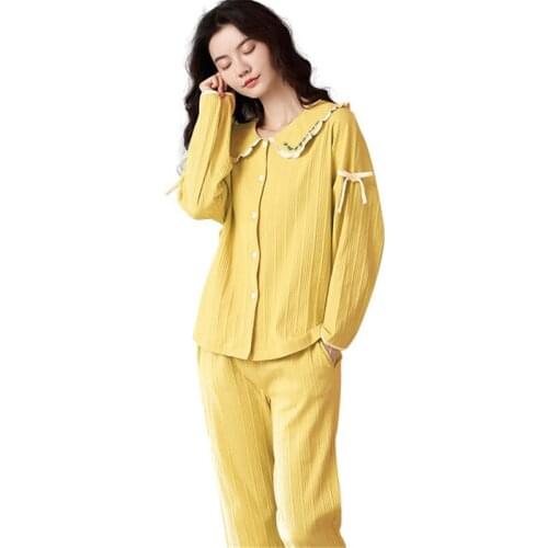 Pajamas womens spring and autumn new pure cotton long-sleeved sweet lapel home service casual temperament пижама Night set