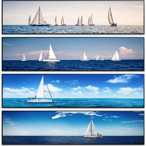 Ocean Sea Horizon Canvas Prints Sailboat Yacht Posters Painting Seascape View Blue Sky Pictures Home Decor for Living Room