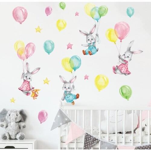 Hand Drawn Balloon Bunny Wall Stickers for Babys Room Boys Children Room Decor Kids Room Wall Decor For Home Art Murals Posters