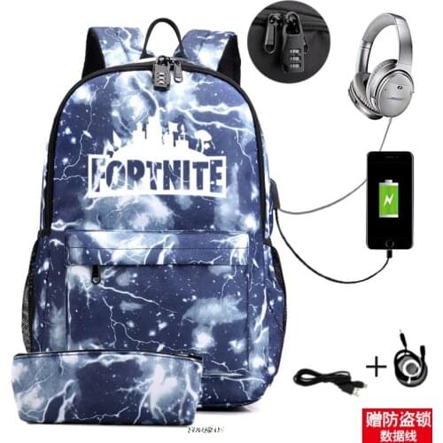 2PCS FORTNITE USB Charging Women Backpack Waterproof Travel Solid Mochila Women Men Large Capacity Schoolbag Female
