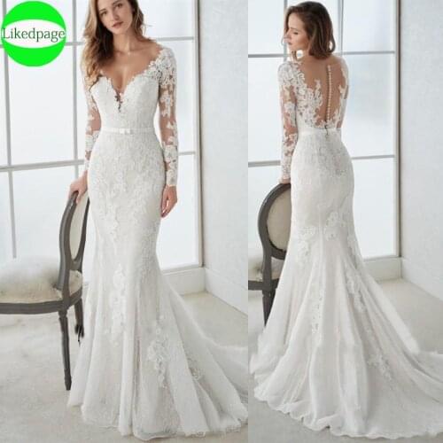 Mermaid Wedding Dress 2021Boho Vestidos De Novia Long Sleeve Lace Appliques Sexy Robe Mariage Boda Bride Gown Trouwjurk Button