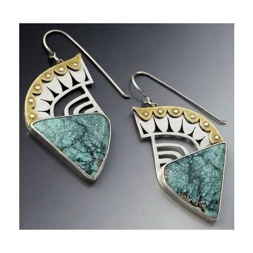 Unique and rare Silver Two color gold Turquoise Earrings Dangle Hoop Earring Anniversary Proposal Gift Party Engagement
