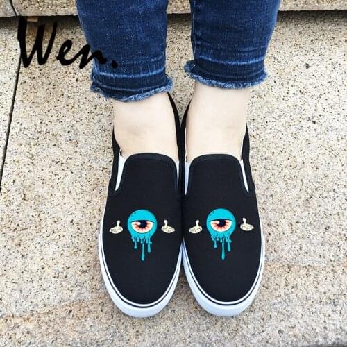Wen Design Lovely Blue Eyes Doll Women And Men 2 Choices Black White Canvas Shoes Skate Slip On Flats Adults Shoes Sneakers