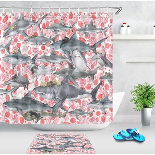Creative Shower Curtain Cartoon Shark Cat Pink Flower Bathroom Curtain Anti-Mildew Polyester Fabric Bathtub Bath Curtains or Mat