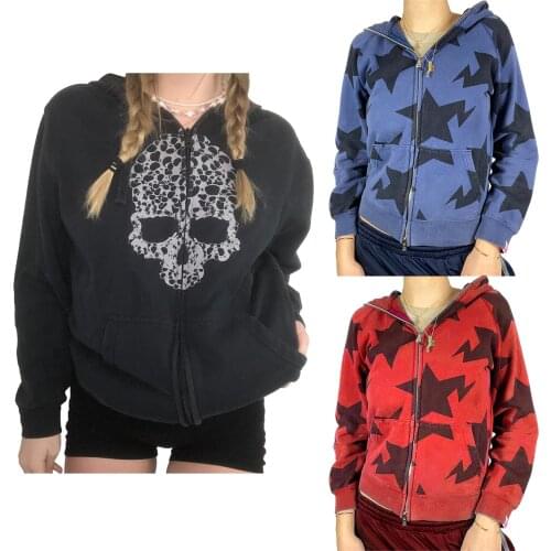Womens Casual Zip Up Fashion Hoodie Ladies Long Sleeve Skull Trendy Star Print Sweatshirt With Pockets Coats and Jacket