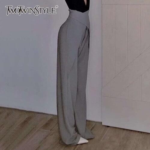 TWOTWINSTYLE Casual Asymmteircal Women Full Length Pants High Waist Loose Wide Leg Pant For Female Fashion Clothes 2020 Tide