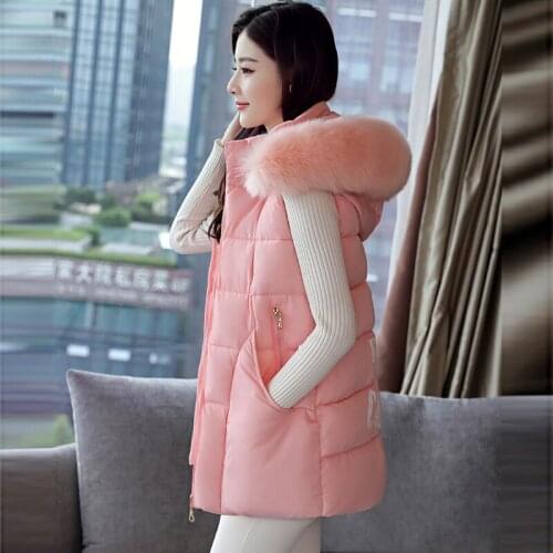 Fashion Faux Fur Collar Cotton Vests 2018 Autumn Winter Women Hooded Long Thick Waistcoat Female Casual Down Cotton Vests FP1307