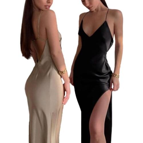 Women Sexy Split Dress Solid Color Deep V-neck Sleeveless Long Dresses Black Apricot