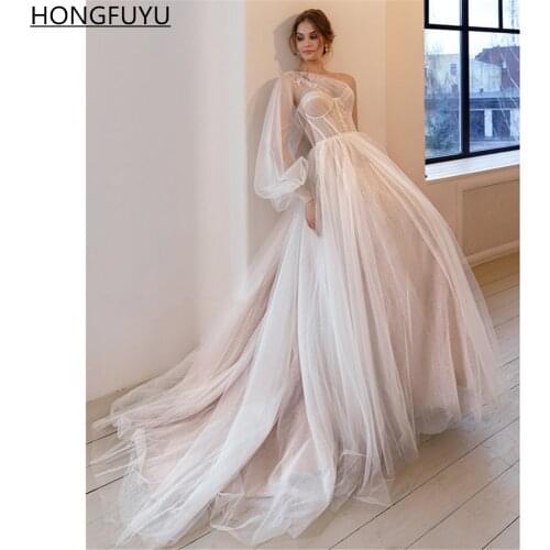 HONGFUYU A Line Glitter Tulle Wedding Dress Elegant One Shoulder Puffy Long Sleeve Corset Lsce Up Bridal Gowns vestidos de novia