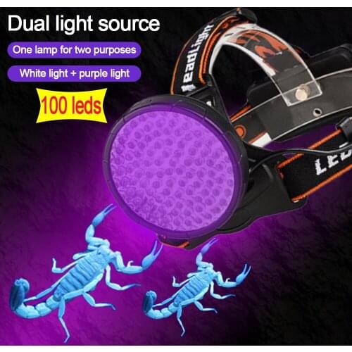 100 LED Rechargeable Headlight White & UV Headlamp USB torch Detector lamp with 18650 battery for Dry Pets Urine&Pet Scorpion