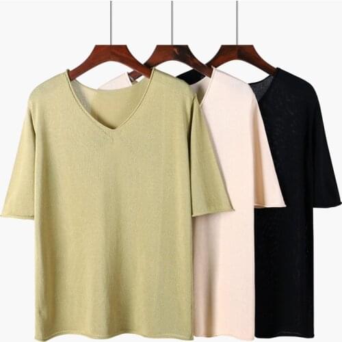 2020 summer new linen knitwear V-neck curling solid color Korean loose T-shirt womens top