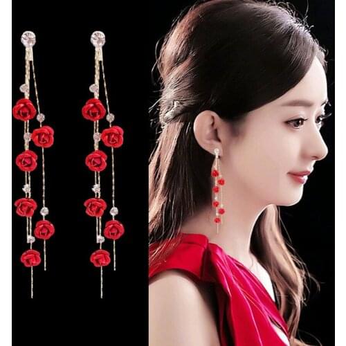 2021 Fashion Piercing Jewelry New Korean Long Tassel Crystal Rose Earrings Femme Brincos Stud Earrings For Women Girls Gift