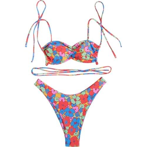 2021 new style fashion youth low-waist triangle bikini print strappy ladies swimwear