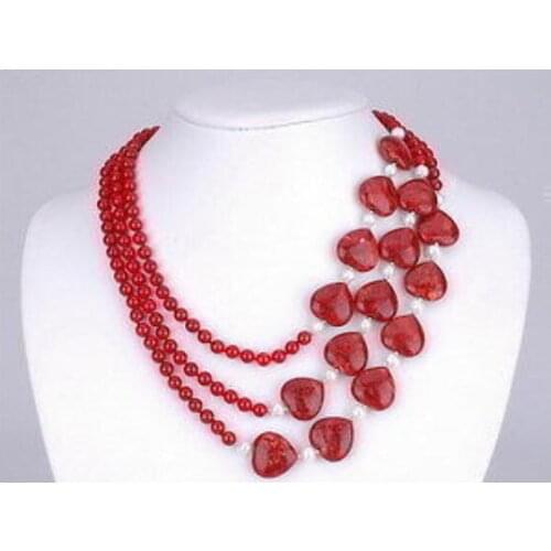 3 Rows Stunningr Red heart-shaped jade white pearl Necklace