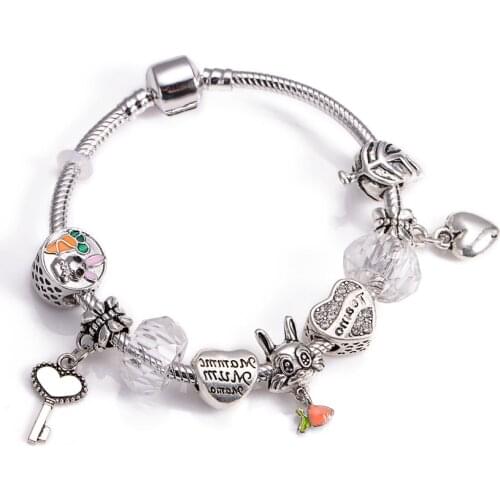 2pcs/set Lovely Rabbit Radish Leaf DIY Bead Key Pendant Four Leaf Flower Snake Bone Womens Bracelet New Arrival Pandora Style