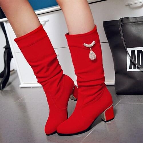 Elegant Women Flock Big Size Knee High Boots Side Zipper Winter Warm Long Boots Female Metal decoration Boots Woman red black