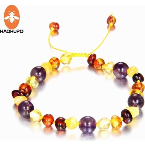 HAOHUPO Multicolor Amber Bracelet with Natural Amethyst Braided Bracelets Anklet Handmade Fine Jewelry Cool Elegant Bijoux