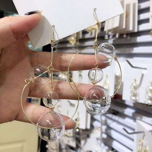 INS Glass Ball Dangle Earrings For Women Fairy Elegant Clear Bubble Super Long Korean Round Earrings 2019 Bijoux
