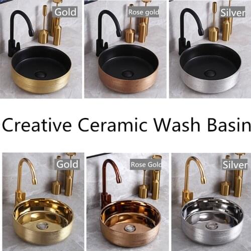 Art Bathroom Sinks Ceramic Vessel Washing Basin Bowl Brushed Rose Gold Gold Matte Black White Grave Retro Luxury Basin With Tap