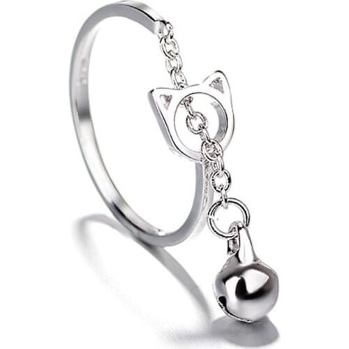 New 9 2 5 Color Hollow Cat Open Ring With Bell Pendant Creative Simple Chain Ring For Women Girl Lovely Jewelry Gift