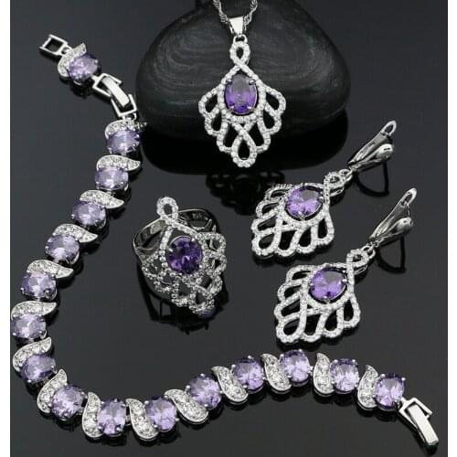 Silver 925 Jewelry Sets For Women Purple And White Cubic Zirconia Earrings Pendant Ring Bracelet Necklace Silver Set