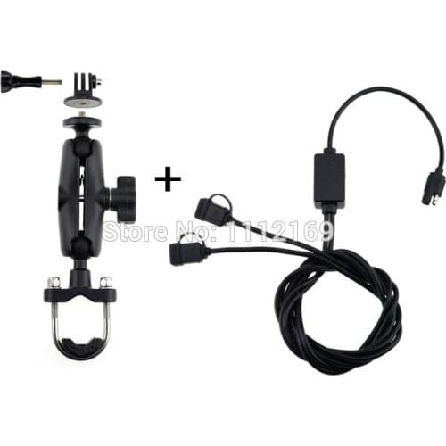 Motorcycle Handlebar Rail Mount with 1 inch Rubber Ball and Dual USB Port 12-24V 2.4A USB Charger for Gopro