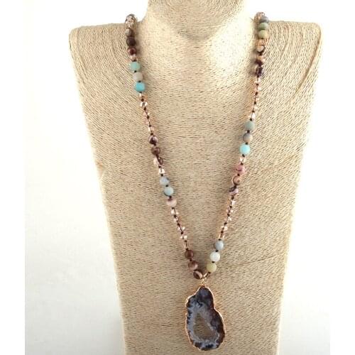 MOODPC Fashion Bohemian Tribal Jewelry Crystal / Stone Long Knotted Irregular Druzy Stone Pendant Necklaces For Women