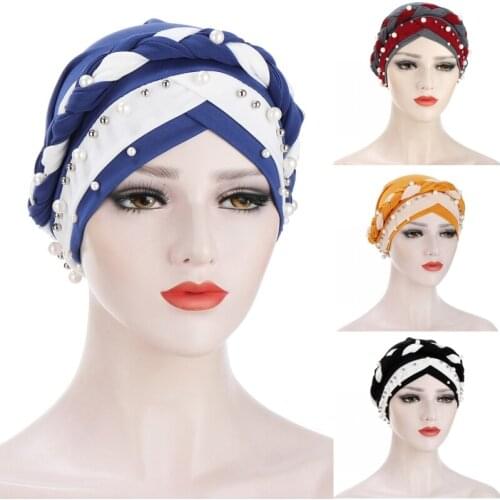 Muslim Wrap Turban Cap Fashion Soft Inner Hijabs Bonnet Ready To Wear Two-Color Beaded Braid Hats Hair Loss Headscarf Islamic
