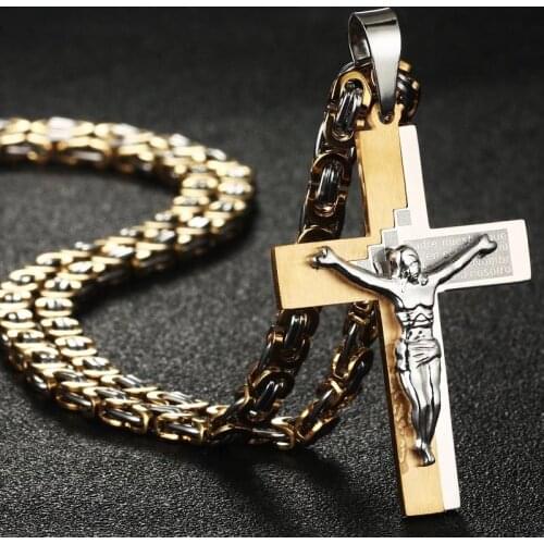 Catholic Crucifix Bible Jesus Pendant Necklace Gold Color Stainless Steel Byzantine Long Chain for Men Jewelry Collar de Homme