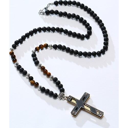 Our Father Bible Cross Stainless Steel Pendant with Black Lave Stone Beaded Necklace for Men