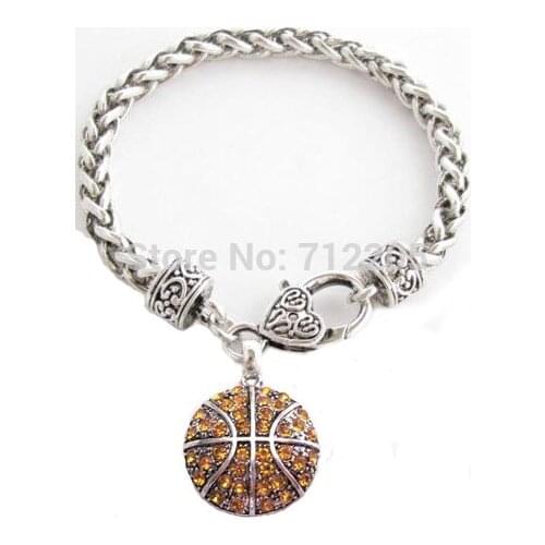 New 50pcs a lot best-selling antique silver plated Basketball Yellow Gold Crystal Pendant Bracelet