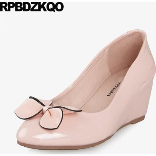 High Heels Designer Women Luxury 2018 Shoes Casual Pumps Pointed Toe Bow Size 4 34 Medium Wedge Cheap Patent Leather Pink 33