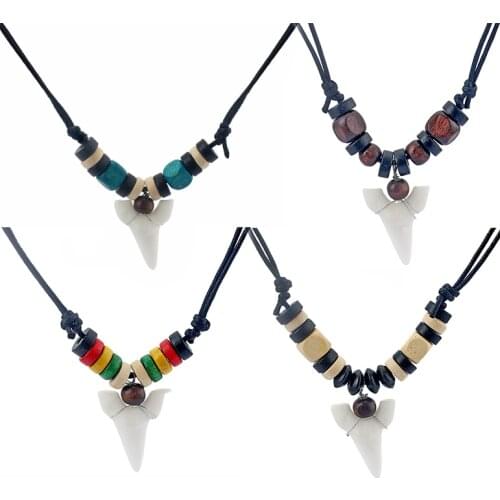 1pcs White Resin Shark Tooth/Teeth Pendant Necklace Waxed Cotton Cord Adjustable Surf Necklace