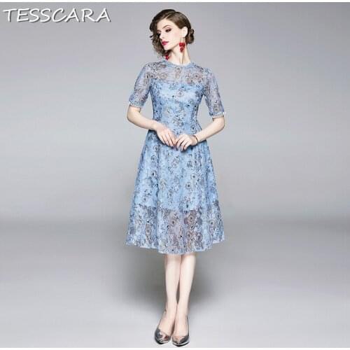 TESSCARA Women Summer Long Elegant Lace Dress Festa Female High Quality Office Party Robe Femme Floral Print Designer Vestidos