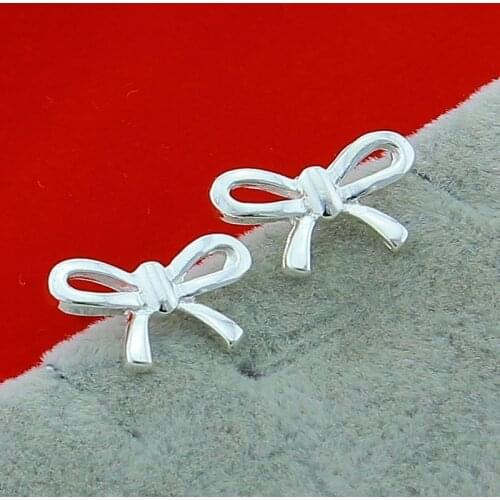 Romantic Silver 925 Jewelry Cute Girls Bow-Knot Stud Earrings for Women Child Kids Jewelry Birthday Gift