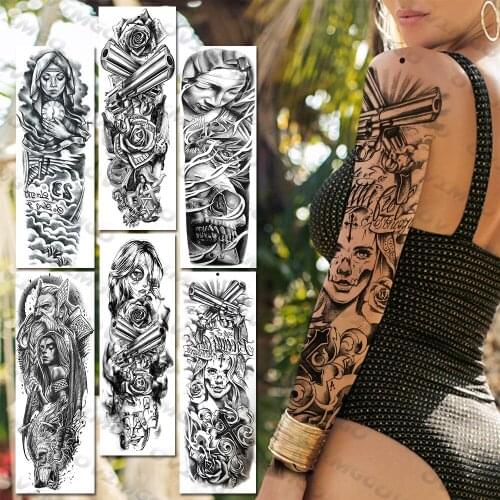 Extra Large Long Sleeve Temporary Tattoos For Women Men Adult Black Rose Flower Tattoo Stickers Realistic Full Arm Fake Tatoos
