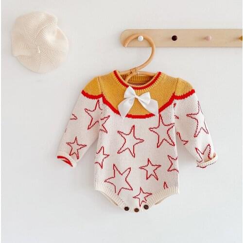 Knitted Baby Clothes Star Winter Newborn Baby Romper Long Sleeve Girl Jumpsuit Bow Knot Toddler Sweater Clothes Boy Clothes 0-2Y
