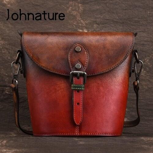Johnature Vintage Genuine Leather Bucket Bag 2020 New Leisure High Quality Women Shoulder & Crossbody Bags Cowhide Messenger Bag