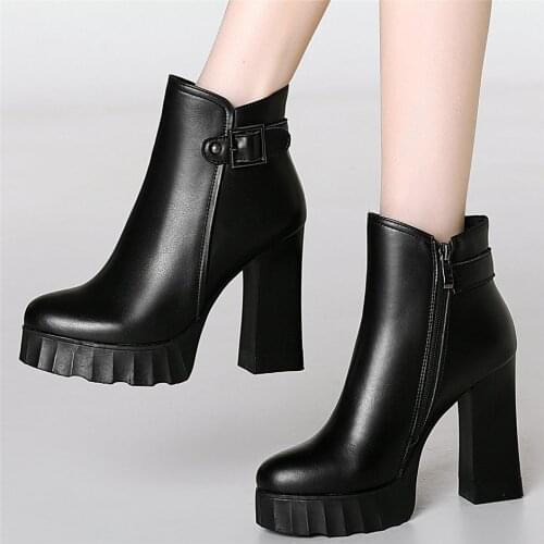 Goth Punk Creepers Women Genuine Leather Cuban High Heels Motorcycle Boots Female High Top Round Toe Chunky Platform Pumps Shoes